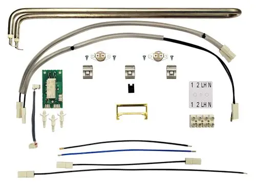 Vaillant Zusatzheizung mit verschiedenen Komponenten, darunter Heizstäbe, Kabel und Steuerplatine, zur Installation in spezifischen Heizsystemen.